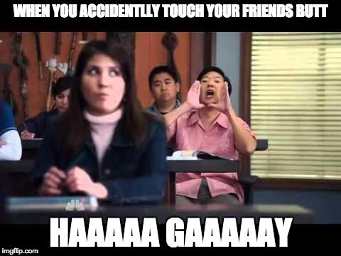 ha gay | WHEN YOU ACCIDENTLLY TOUCH YOUR FRIENDS BUTT; HAAAAA GAAAAAY | image tagged in ha gay | made w/ Imgflip meme maker