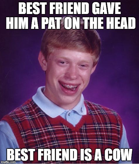 Bad Luck Brian Meme | BEST FRIEND GAVE HIM A PAT ON THE HEAD; BEST FRIEND IS A COW | image tagged in memes,bad luck brian | made w/ Imgflip meme maker