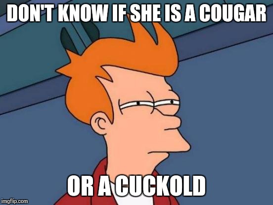 Futurama Fry Meme | DON'T KNOW IF SHE IS A COUGAR OR A CUCKOLD | image tagged in memes,futurama fry | made w/ Imgflip meme maker