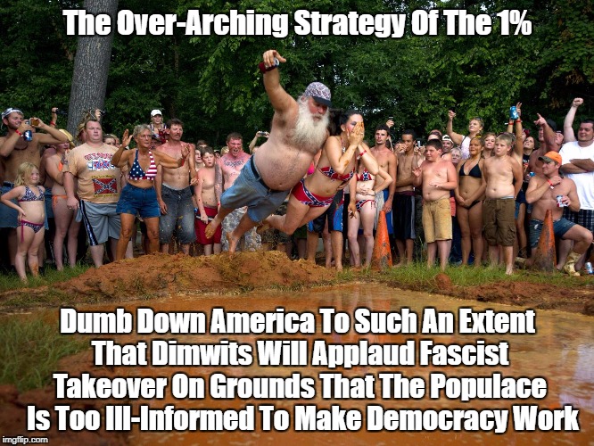 The Over-Arching Strategy Of The 1% Dumb Down America To Such An Extent That Dimwits Will Applaud Fascist Takeover On Grounds That The Popul | made w/ Imgflip meme maker