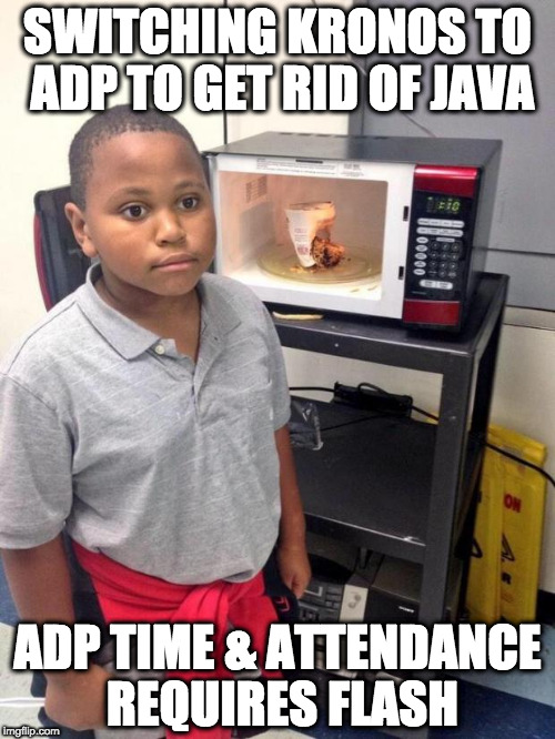 black kid microwave | SWITCHING KRONOS TO ADP TO GET RID OF JAVA; ADP TIME & ATTENDANCE REQUIRES FLASH | image tagged in black kid microwave,techsupportanimals | made w/ Imgflip meme maker