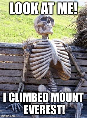 Waiting Skeleton | LOOK AT ME! I CLIMBED MOUNT EVEREST! | image tagged in memes,waiting skeleton | made w/ Imgflip meme maker