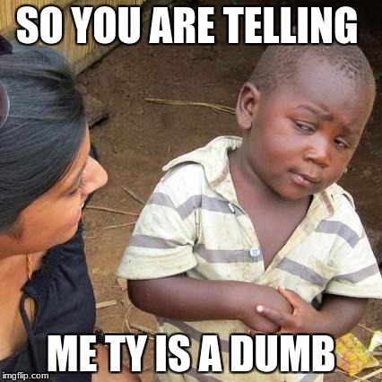 Third World Skeptical Kid Meme | SO YOU ARE TELLING; ME TY IS A DUMB | image tagged in memes,third world skeptical kid | made w/ Imgflip meme maker