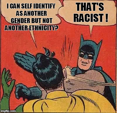 Batman Slapping Robin Meme | I CAN SELF IDENTIFY AS ANOTHER GENDER BUT NOT ANOTHER ETHNICITY? THAT'S RACIST ! | image tagged in memes,batman slapping robin | made w/ Imgflip meme maker