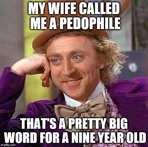 Creepy Condescending Wonka Meme | MY WIFE CALLED ME A PEDOPHILE THAT'S A PRETTY BIG WORD FOR A NINE YEAR OLD | image tagged in memes,creepy condescending wonka | made w/ Imgflip meme maker