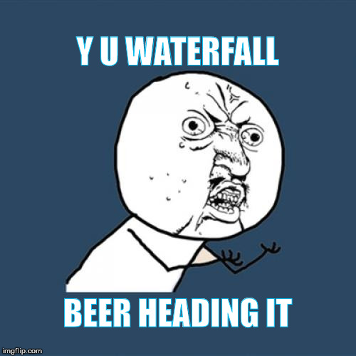 Y U No Meme | Y U WATERFALL BEER HEADING IT | image tagged in memes,y u no | made w/ Imgflip meme maker