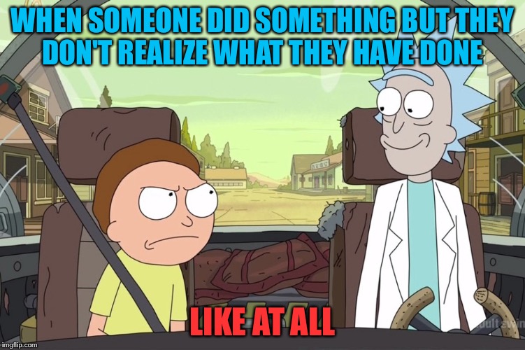 Rick and Morty | WHEN SOMEONE DID SOMETHING BUT THEY DON'T REALIZE WHAT THEY HAVE DONE; LIKE AT ALL | image tagged in rick and morty | made w/ Imgflip meme maker