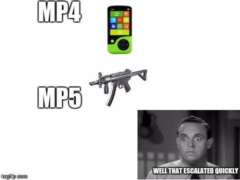 Blank White Template | MP4; MP5; WELL THAT ESCALATED QUICKLY | image tagged in memes,mp5,mp4,gun,phone,meme | made w/ Imgflip meme maker