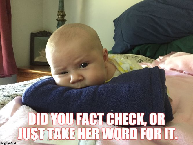 Disgusted baby | DID YOU FACT CHECK, OR JUST TAKE HER WORD FOR IT. | image tagged in disgusted baby | made w/ Imgflip meme maker