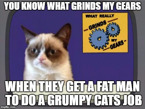 Grumpy Cat Grinds Gears | YOU KNOW WHAT GRINDS MY GEARS; WHEN THEY GET A FAT MAN TO DO A GRUMPY CATS JOB | image tagged in grumpy cat grinds my gears,you know what really grinds my gears,grinds my gears,grumpy cat,memes | made w/ Imgflip meme maker