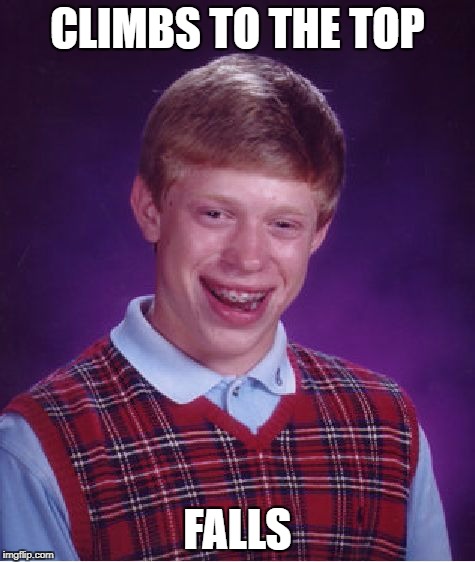 Bad Luck Brian Meme | CLIMBS TO THE TOP FALLS | image tagged in memes,bad luck brian | made w/ Imgflip meme maker