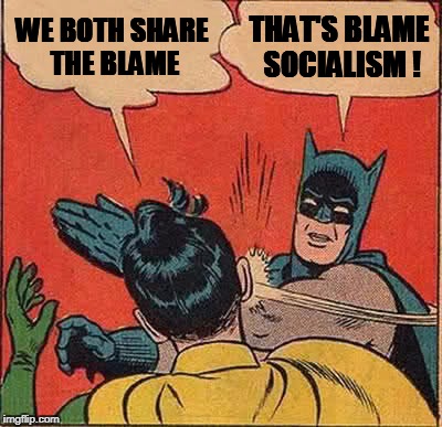 Batman Slapping Robin Meme | WE BOTH SHARE THE BLAME THAT'S BLAME SOCIALISM ! | image tagged in memes,batman slapping robin | made w/ Imgflip meme maker