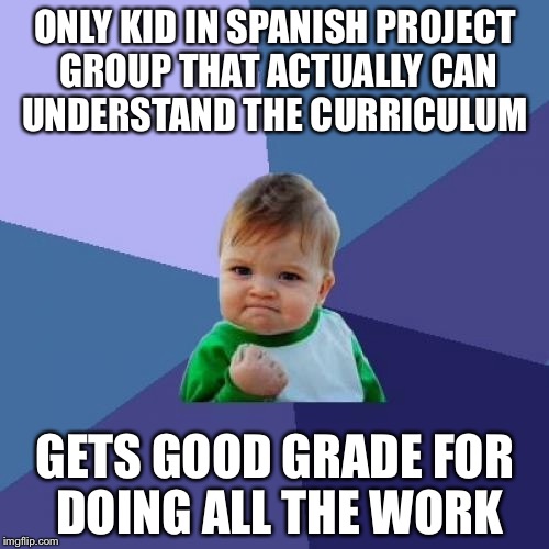 Success Kid Meme | ONLY KID IN SPANISH PROJECT GROUP THAT ACTUALLY CAN UNDERSTAND THE CURRICULUM GETS GOOD GRADE FOR DOING ALL THE WORK | image tagged in memes,success kid | made w/ Imgflip meme maker