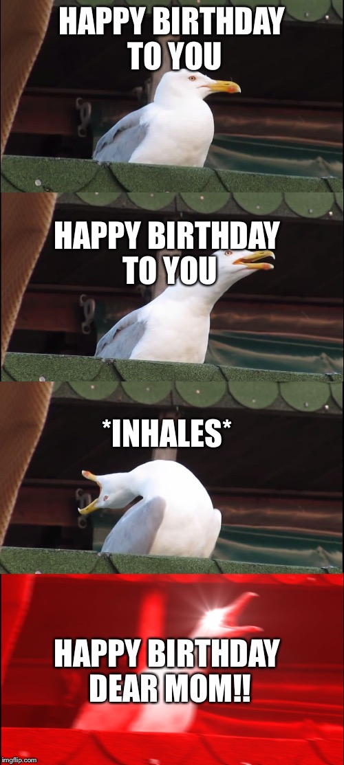 Inhaling Seagull Meme | HAPPY BIRTHDAY TO YOU; HAPPY BIRTHDAY TO YOU; *INHALES*; HAPPY BIRTHDAY DEAR MOM!! | image tagged in inhaling seagull | made w/ Imgflip meme maker