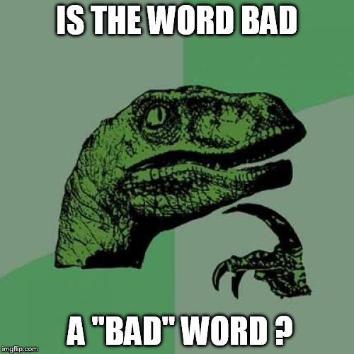 a bad word | IS THE WORD BAD; A "BAD" WORD ? | image tagged in memes,philosoraptor,bad word  words,bad | made w/ Imgflip meme maker