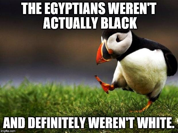 Unpopular Opinion Puffin | THE EGYPTIANS WEREN'T ACTUALLY BLACK; AND DEFINITELY WEREN'T WHITE. | image tagged in memes,unpopular opinion puffin | made w/ Imgflip meme maker