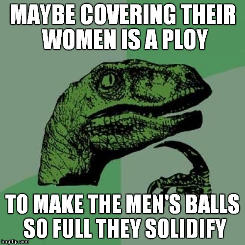Philosoraptor Meme | MAYBE COVERING THEIR WOMEN IS A PLOY TO MAKE THE MEN'S BALLS SO FULL THEY SOLIDIFY | image tagged in memes,philosoraptor | made w/ Imgflip meme maker