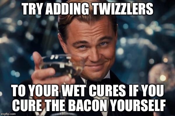 Leonardo Dicaprio Cheers Meme | TRY ADDING TWIZZLERS TO YOUR WET CURES IF YOU CURE THE BACON YOURSELF | image tagged in memes,leonardo dicaprio cheers | made w/ Imgflip meme maker
