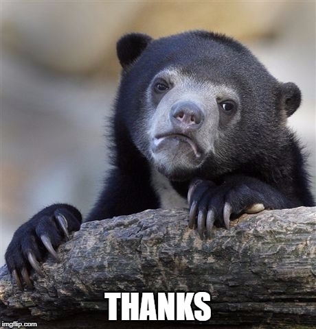 Confession Bear Meme | THANKS | image tagged in memes,confession bear | made w/ Imgflip meme maker