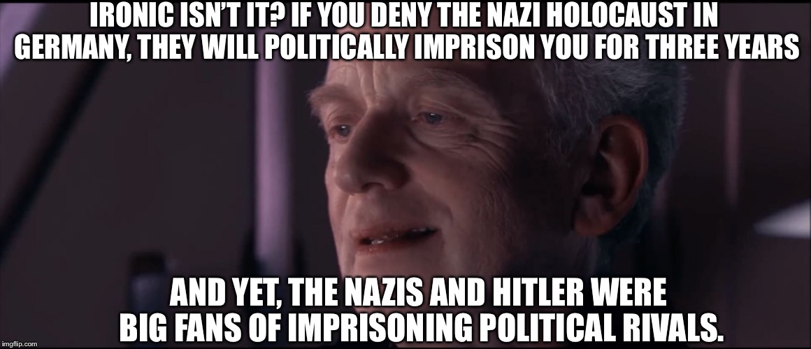 Palpatine Ironic  | IRONIC ISN’T IT? IF YOU DENY THE NAZI HOLOCAUST IN GERMANY, THEY WILL POLITICALLY IMPRISON YOU FOR THREE YEARS; AND YET, THE NAZIS AND HITLER WERE BIG FANS OF IMPRISONING POLITICAL RIVALS. | image tagged in palpatine ironic | made w/ Imgflip meme maker