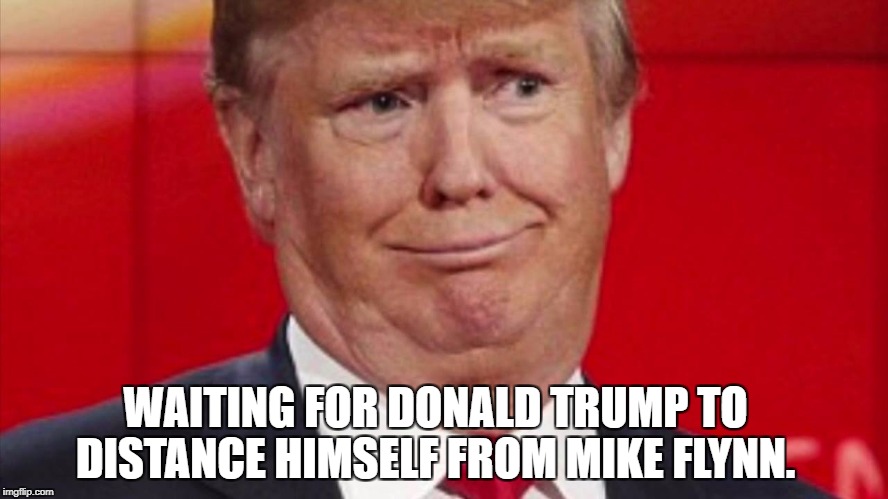 Distance Donald  | WAITING FOR DONALD TRUMP TO DISTANCE HIMSELF FROM MIKE FLYNN. | image tagged in donald trump,mike flynn,russian investigation | made w/ Imgflip meme maker