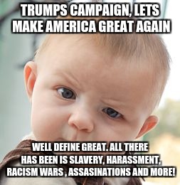 well I know this is a bit to late for Trump memes, but im full on serious about this! | TRUMPS CAMPAIGN, LETS MAKE AMERICA GREAT AGAIN; WELL DEFINE GREAT. ALL THERE HAS BEEN IS SLAVERY, HARASSMENT, RACISM WARS , ASSASINATIONS AND MORE! | image tagged in memes,skeptical baby | made w/ Imgflip meme maker