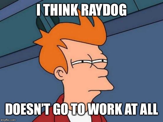 Futurama Fry Meme | I THINK RAYDOG DOESN’T GO TO WORK AT ALL | image tagged in memes,futurama fry | made w/ Imgflip meme maker