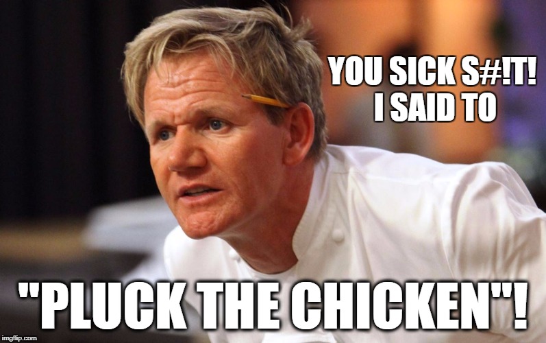 Pluck the Chicken? | YOU SICK S#!T! I SAID TO; "PLUCK THE CHICKEN"! | image tagged in chef gordon ramsay,cooking,funny | made w/ Imgflip meme maker