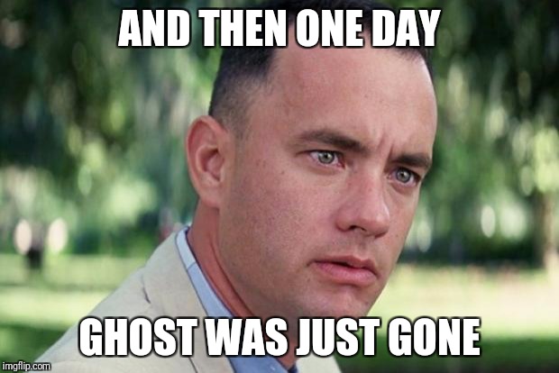 And Just Like That Meme | AND THEN ONE DAY; GHOST WAS JUST GONE | image tagged in forrest gump | made w/ Imgflip meme maker