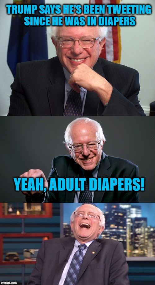 Feel the Bern | TRUMP SAYS HE'S BEEN TWEETING SINCE HE WAS IN DIAPERS; YEAH, ADULT DIAPERS! | image tagged in bad pun bernie,trump,diapers,meme,politics,twitter | made w/ Imgflip meme maker