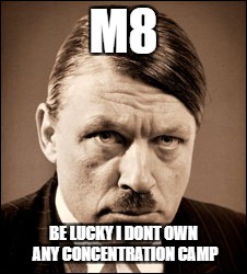 M8 BE LUCKY I DONT OWN ANY CONCENTRATION CAMP | image tagged in judging hitler | made w/ Imgflip meme maker