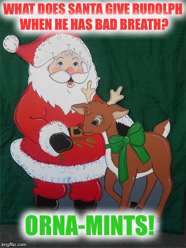 Christmas humor | WHAT DOES SANTA GIVE RUDOLPH WHEN HE HAS BAD BREATH? ORNA-MINTS! | image tagged in christmas,santa claus,rudolph,humor | made w/ Imgflip meme maker