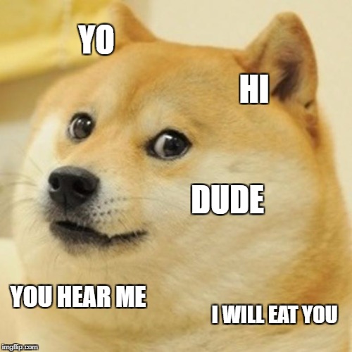 Doge Meme | YO; HI; DUDE; YOU HEAR ME; I WILL EAT YOU | image tagged in memes,doge | made w/ Imgflip meme maker