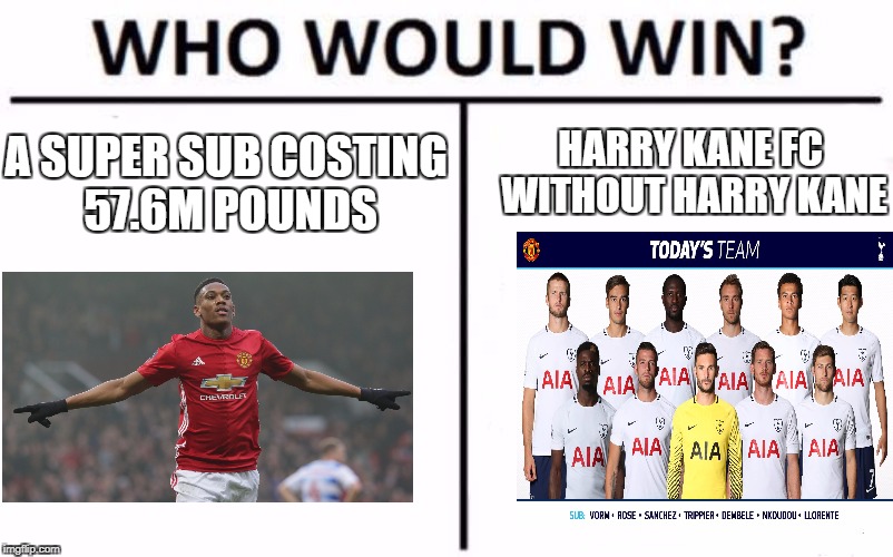 Who Would Win? | HARRY KANE FC WITHOUT HARRY KANE; A SUPER SUB COSTING 57.6M POUNDS | image tagged in who would win | made w/ Imgflip meme maker