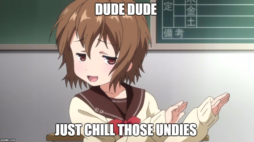 anime girl | DUDE DUDE; JUST CHILL THOSE UNDIES | image tagged in anime girl | made w/ Imgflip meme maker
