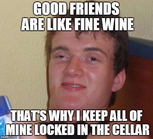 10 Guy Meme | GOOD FRIENDS ARE LIKE FINE WINE THAT'S WHY I KEEP ALL OF MINE LOCKED IN THE CELLAR | image tagged in memes,10 guy | made w/ Imgflip meme maker