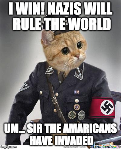 Nazi Cat | I WIN! NAZIS WILL RULE THE WORLD; UM... SIR THE AMARICANS HAVE INVADED | image tagged in nazi cat | made w/ Imgflip meme maker