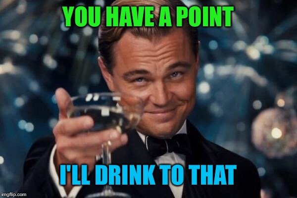 Leonardo Dicaprio Cheers Meme | YOU HAVE A POINT I'LL DRINK TO THAT | image tagged in memes,leonardo dicaprio cheers | made w/ Imgflip meme maker