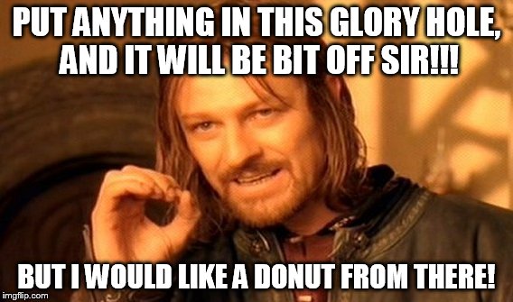 PUT ANYTHING IN THIS GLORY HOLE, AND IT WILL BE BIT OFF SIR!!! BUT I WOULD LIKE A DONUT FROM THERE! | image tagged in memes,one does not simply | made w/ Imgflip meme maker