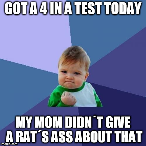 Success Kid Meme | GOT A 4 IN A TEST TODAY; MY MOM DIDN´T GIVE A RAT´S ASS ABOUT THAT | image tagged in memes,success kid | made w/ Imgflip meme maker