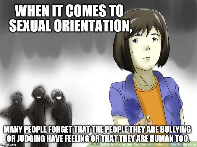 Lifespan development | WHEN IT COMES TO SEXUAL ORIENTATION, MANY PEOPLE FORGET THAT THE PEOPLE THEY ARE BULLYING OR JUDGING HAVE FEELING OR THAT THEY ARE HUMAN TOO. | image tagged in sexual orientation,gender identity,discrimination | made w/ Imgflip meme maker