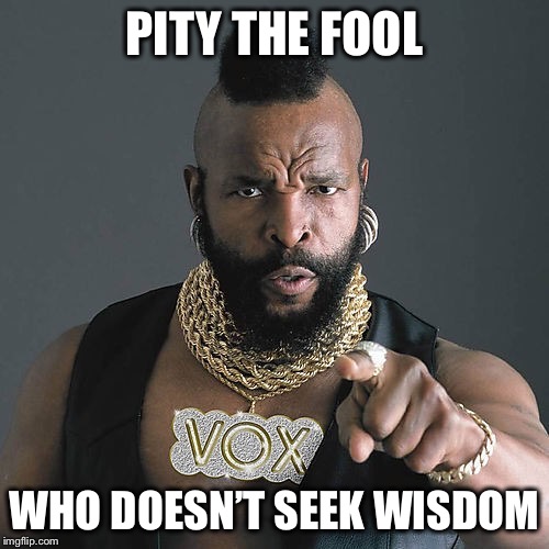 Mr T Pity The Fool Meme | PITY THE FOOL; WHO DOESN’T SEEK WISDOM | image tagged in memes,mr t pity the fool | made w/ Imgflip meme maker