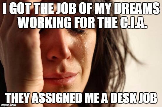 First World Problems Meme | I GOT THE JOB OF MY DREAMS WORKING FOR THE C.I.A. THEY ASSIGNED ME A DESK JOB | image tagged in memes,first world problems | made w/ Imgflip meme maker