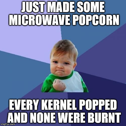 Success Kid Meme | JUST MADE SOME MICROWAVE POPCORN; EVERY KERNEL POPPED AND NONE WERE BURNT | image tagged in memes,success kid | made w/ Imgflip meme maker