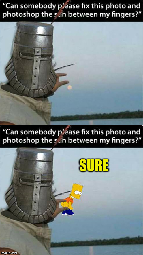 The photoshop request | SURE | image tagged in memes,solaire,darksouls,photoshop,bart | made w/ Imgflip meme maker