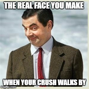 Mr Bean Smirk | THE REAL FACE YOU MAKE; WHEN YOUR CRUSH WALKS BY | image tagged in mr bean smirk | made w/ Imgflip meme maker