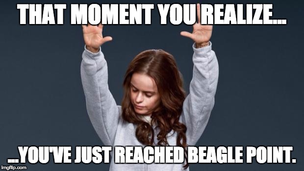 Praise God girl | THAT MOMENT YOU REALIZE... ...YOU'VE JUST REACHED BEAGLE POINT. | image tagged in praise god girl | made w/ Imgflip meme maker