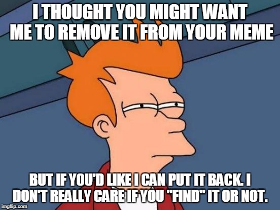 Futurama Fry Meme | I THOUGHT YOU MIGHT WANT ME TO REMOVE IT FROM YOUR MEME BUT IF YOU'D LIKE I CAN PUT IT BACK. I DON'T REALLY CARE IF YOU "FIND" IT OR NOT. | image tagged in memes,futurama fry | made w/ Imgflip meme maker