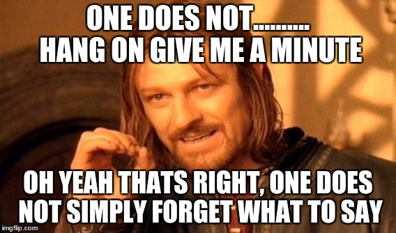 One Does Not Simply | ONE DOES NOT.......... HANG ON GIVE ME A MINUTE; OH YEAH THATS RIGHT, ONE DOES NOT SIMPLY FORGET WHAT TO SAY | image tagged in memes,one does not simply | made w/ Imgflip meme maker