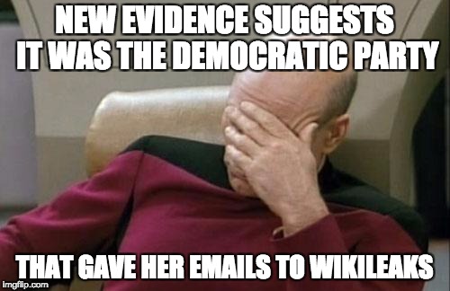 Captain Picard Facepalm Meme | NEW EVIDENCE SUGGESTS IT WAS THE DEMOCRATIC PARTY THAT GAVE HER EMAILS TO WIKILEAKS | image tagged in memes,captain picard facepalm | made w/ Imgflip meme maker